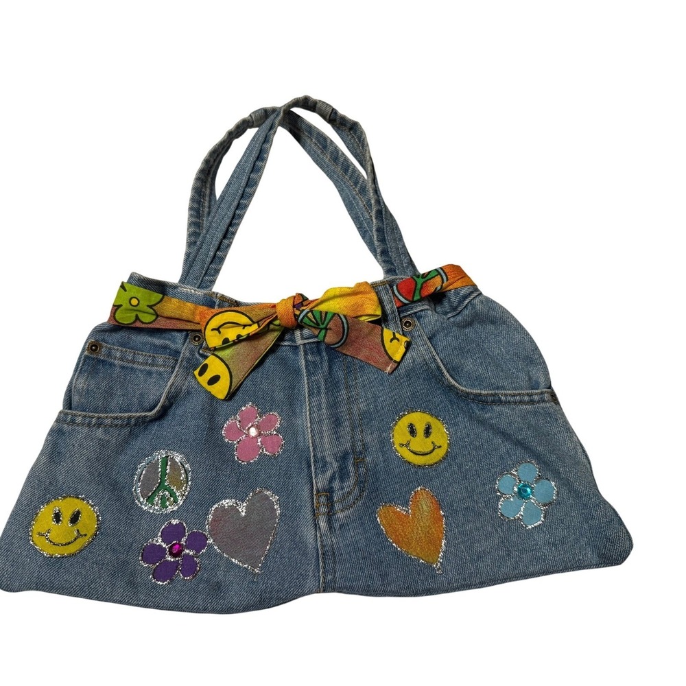 Unique Denim Purse Handbag Y2K Smiley Peace Flower Heart Applique